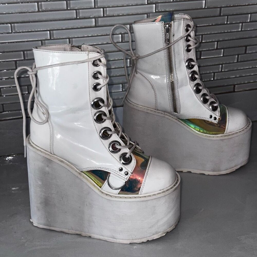 DEMONIA White Iridescent Boots Lace Up with Zipper